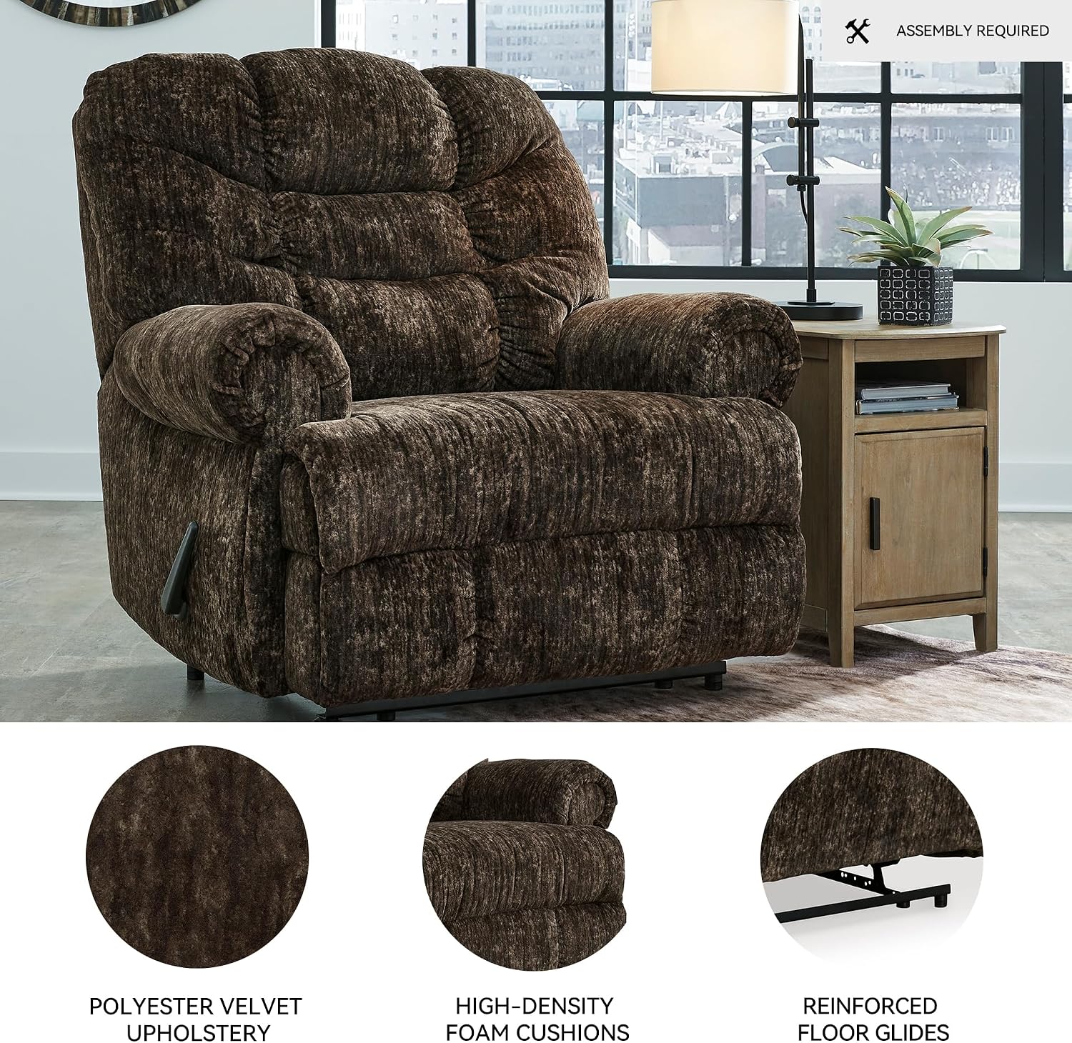 Signature Design by Ashley Movie Man Classic Tufted Velvet Manual Zero Wall Recliner, Dark Brown
