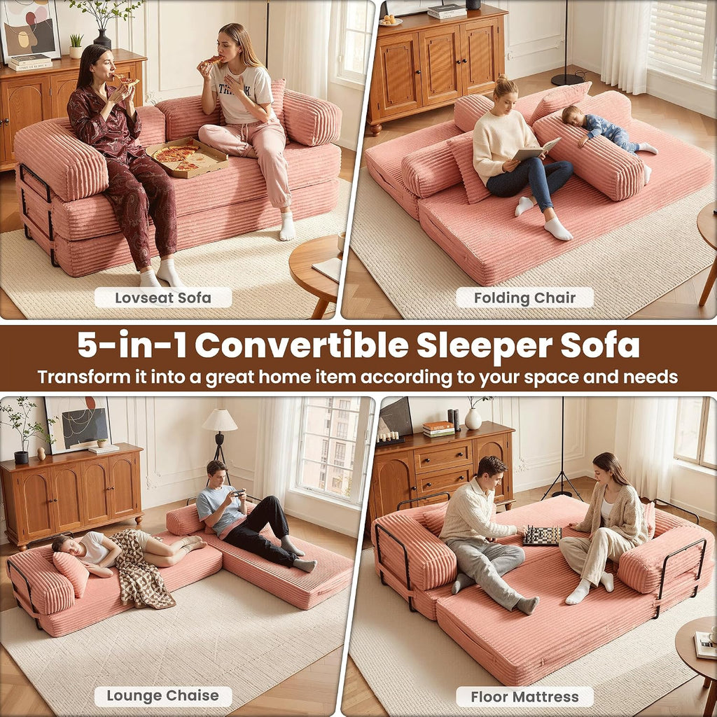 ovios 81' Folding Sofa Bed, Foldable Sleeper Boneless Couch with Pull Out Beds, Modular Convertible Floor Futon Loveseat Lounger for Living Room (Faux Fur, Pink)
