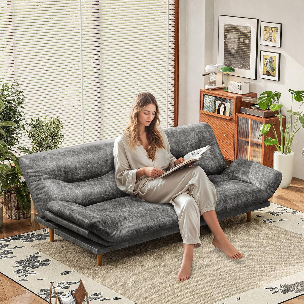 JUMMICO Convertible Futon Sofa Bed, Sleeper Futon Couch with Adjustable Backrest and Armrests, Modern Loveseat with Sturdy Wood Frame for Small Spaces, Apartments (Leathaire, Gray)