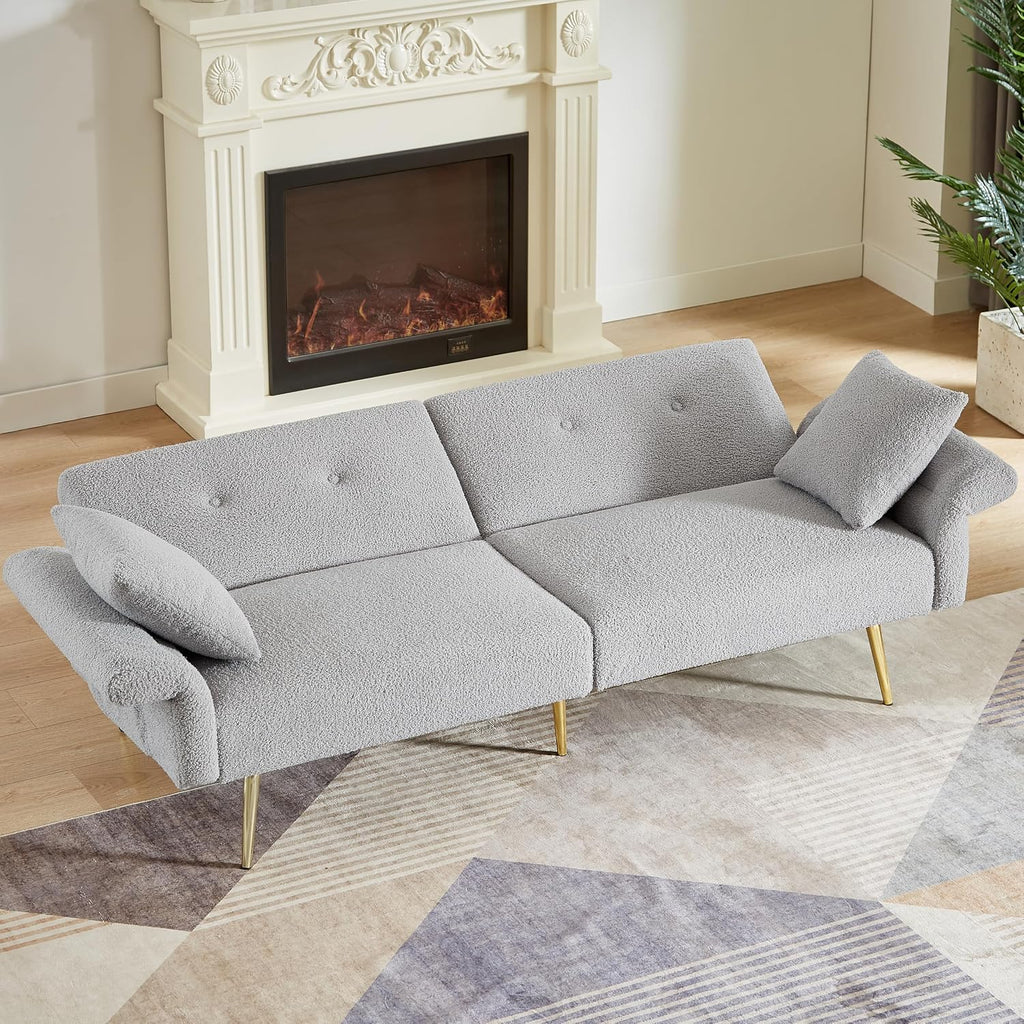 69.5' Grey Convertible Futon Sofa Bed with Adjustable Backrest and Armrests, Teddy Upholstered Loveseat Sleeper Couch with 2 Pillows and Metal Legs Love Seat for Guest Room Living Room (Grey)