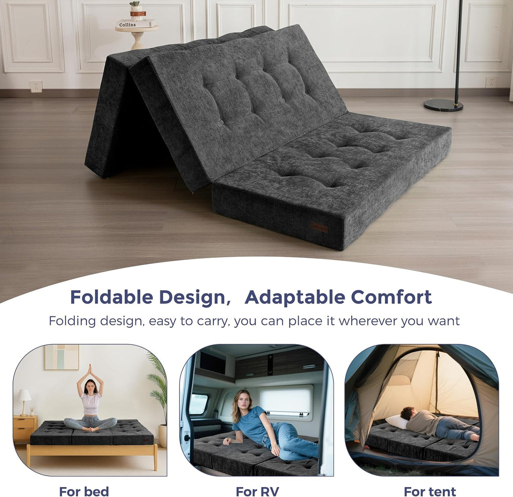 MAXYOYO 6' Folding Sofa Bed for Floor, Tufted Tri-Fold Floor Mattress with Chenille Fabric, Full Size Portable Sofa Couch Guest Mat for Adults, Foldable Topper for Camping, Dark Grey, 53'x75'