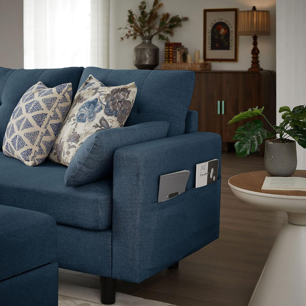 101' Convertible Sectional Sofa, Modern Linen Fabric U-Shaped Couch with 2 Storage Ottomans and Storage Pocket, 4 Seat Sofa Couches for Living Room, Apartment, Office, Blue