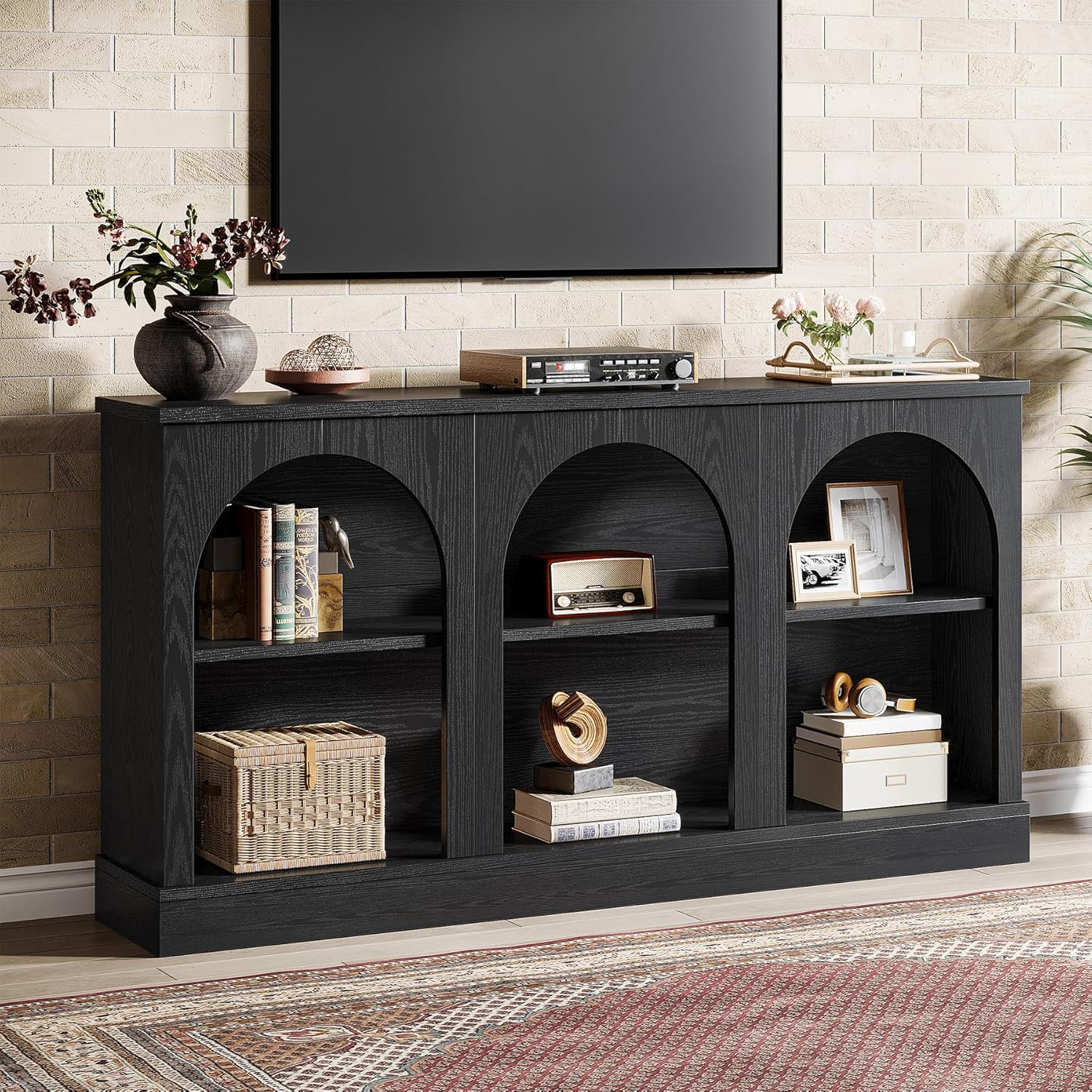 Tribesigns TV Stand for 55/60/65 Inch TV, Farmhouse Entertainment Center with Storage Cabinets, Modern Media Television Console Table for Living Room Bedroom, Black