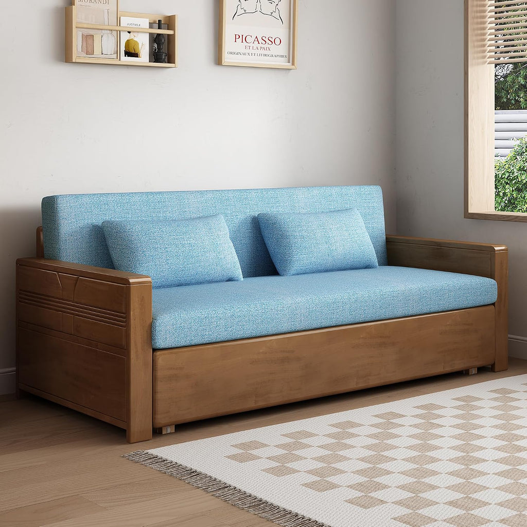 71'queen convertible sofa sleeper,blue cushion sectional sleeper sofa with reversible chaise,walnut color wood sofa bed 3 in 1 pull out couch bed,wooden couch for livingroom,apartment,bedroom,office