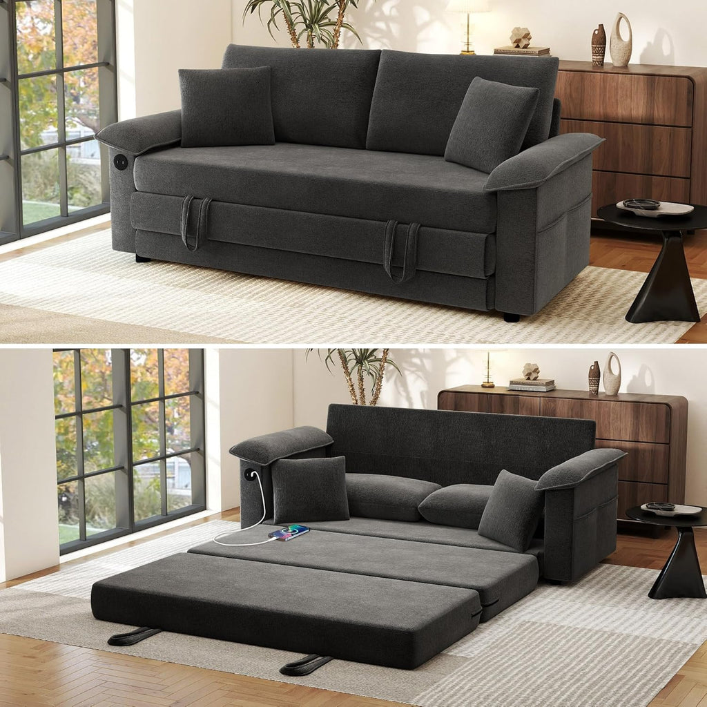 SUNWAVE 77' Sleeper Sofa Convertible Sofa Bed with USB Ports & Side Pockets, Chenille Loveseat Pull Out Couch with Full Size Sleeping Area, Folding Sofa Bed for Living Room & Small Spaces (Black)