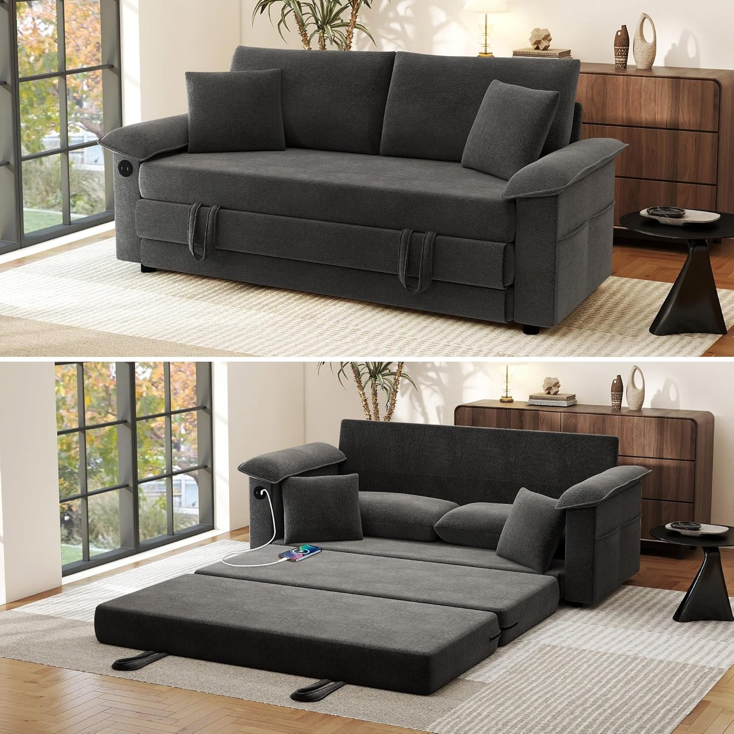 SUNWAVE 77' Sleeper Sofa Convertible Sofa Bed with USB Ports & Side Pockets, Chenille Loveseat Pull Out Couch with Full Size Sleeping Area, Folding Sofa Bed for Living Room & Small Spaces (Black)