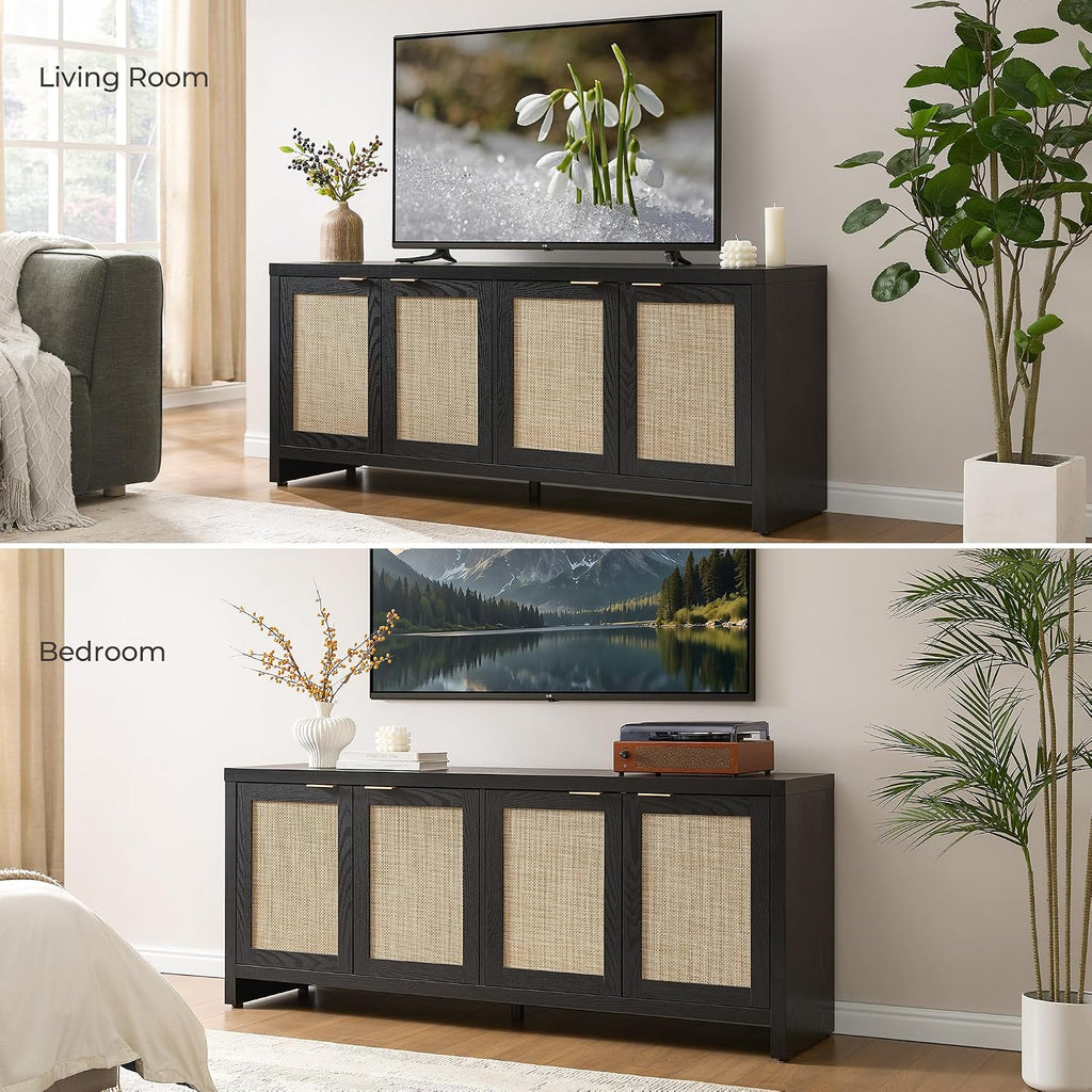 SICOTAS TV Stand for Living Room Boho Entertainment Center for Bedroom with 4 Rattan Cabinets Farmhouse Television Stands with Storage Large Media Console Table for TVs up to 65 Inch