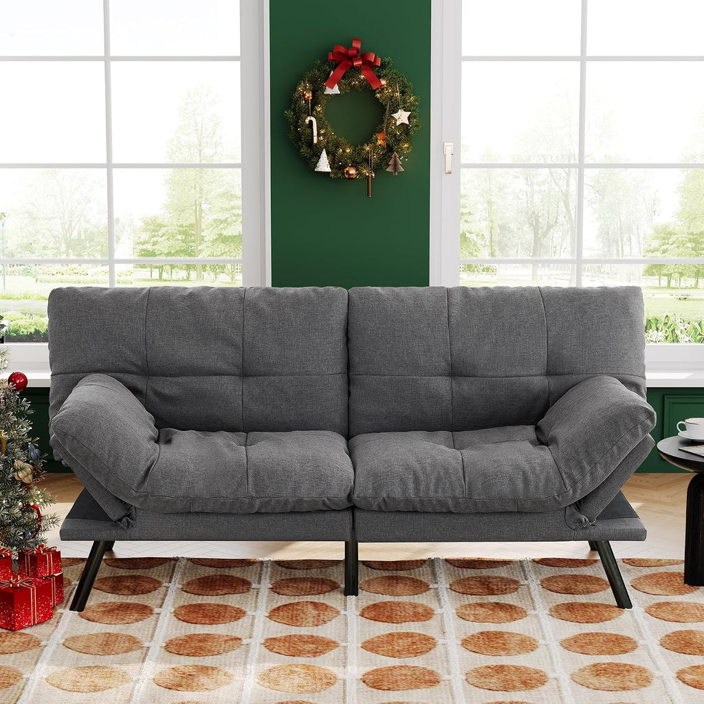 Convertible Futon Sofa Bed,71' Modern Fabric Futon Couch with Adjustable Backrest&Armrest,Small Loveseat Sleeper Sofa,Dorm Futonsofa for Apartment,Living Room,Detachable Cushions,Fog Grey
