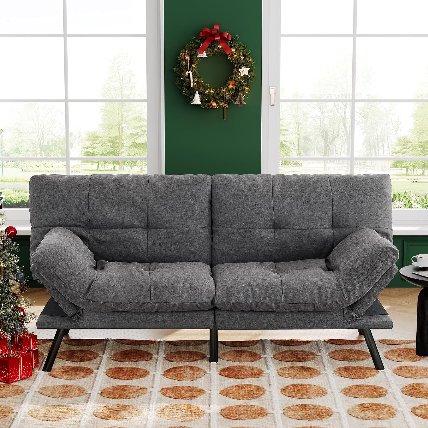 Convertible Futon Sofa Bed,71' Modern Fabric Futon Couch with Adjustable Backrest&Armrest,Small Loveseat Sleeper Sofa,Dorm Futonsofa for Apartment,Living Room,Detachable Cushions,Fog Grey