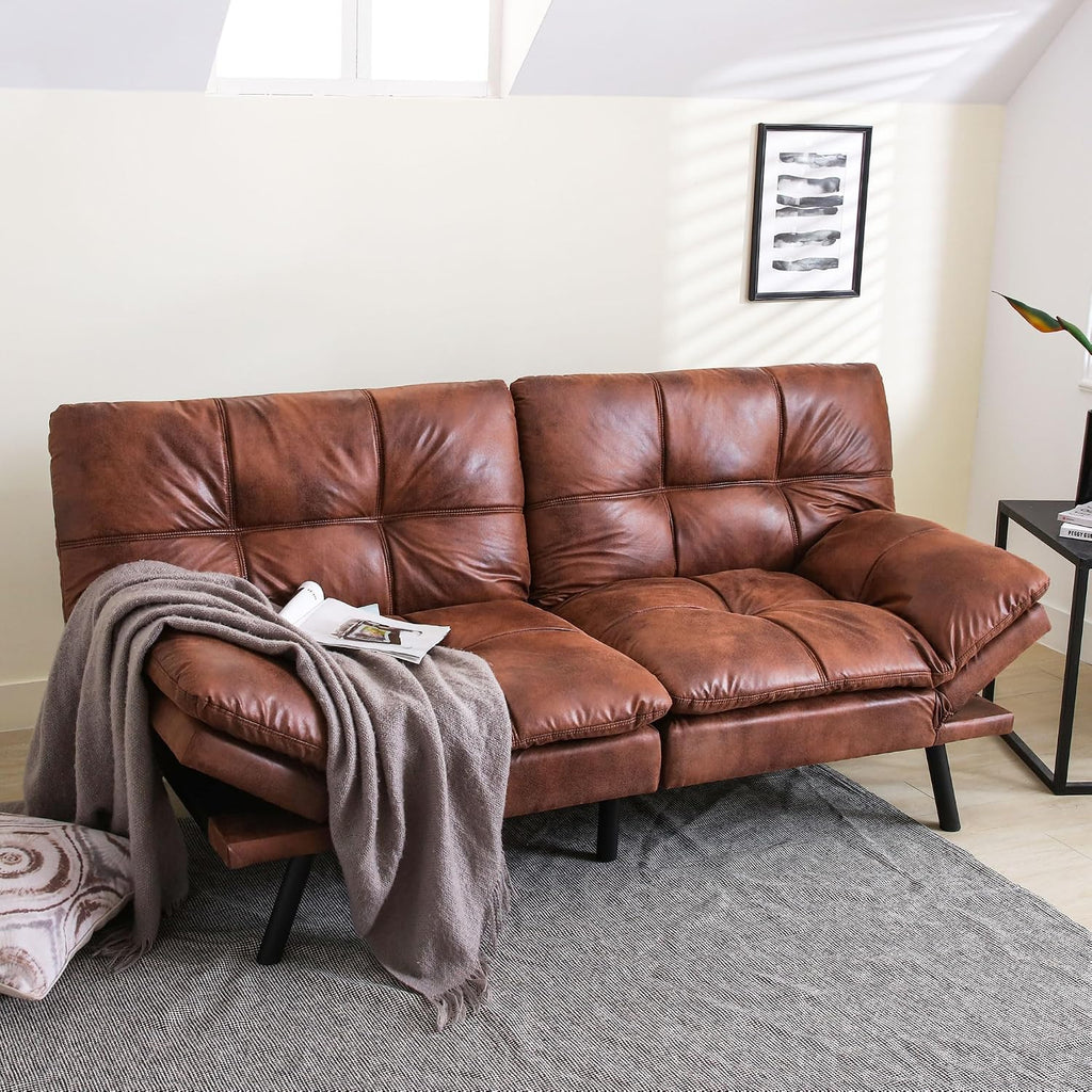 Convertible Futon Sofa Bed,71' Modern Premium Faux Leather Futon Couch with Adjustable Backrest&Armrest,Small Loveseat Sleeper Sofa,Dorm Futonsofa for Apartment,Living Room,Whisky Brown