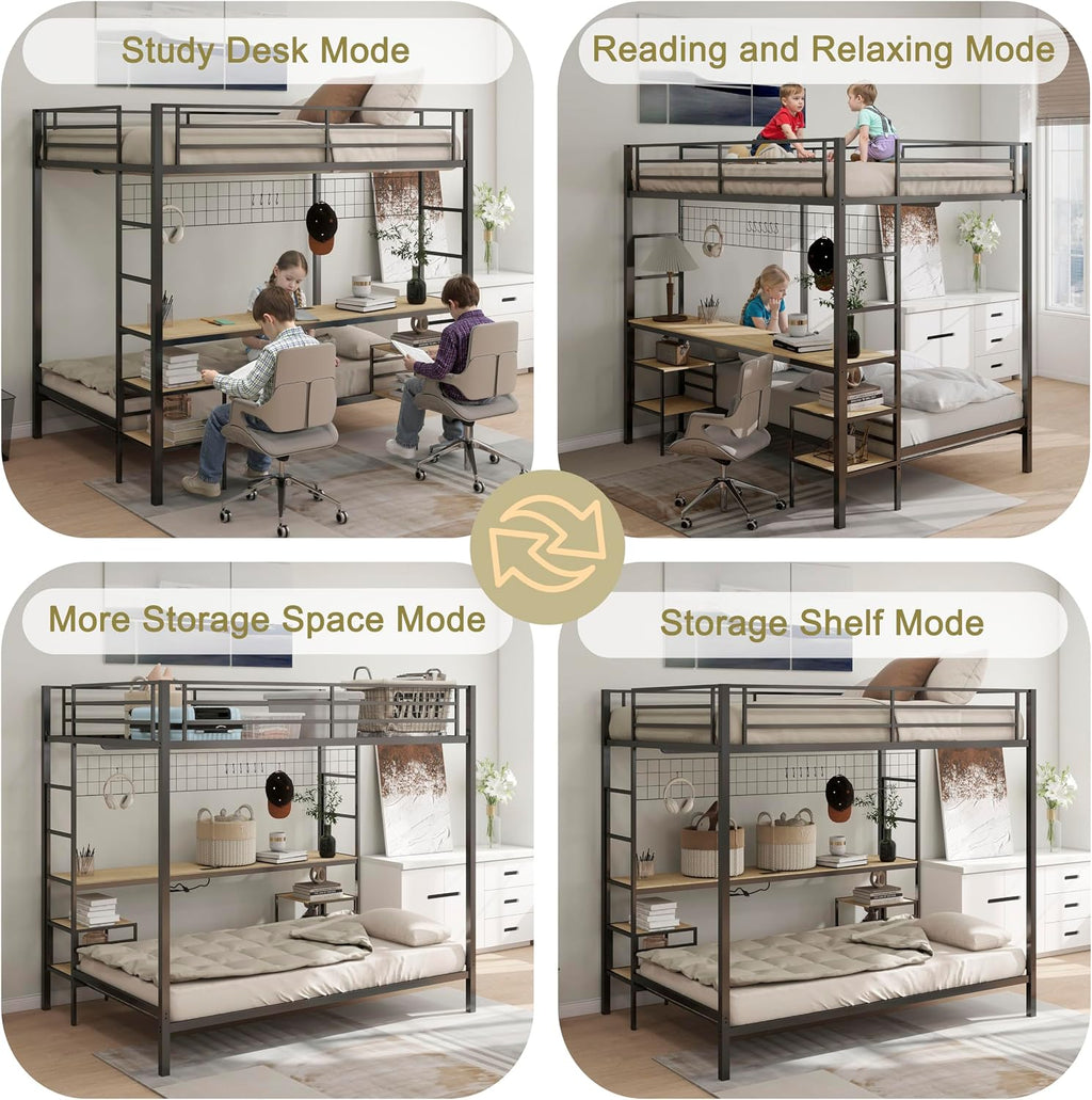 Bellemave Full Over Twin bunk Bed with Desk, loft Bed with Desk and Shelves, Full Over Twin Metal Bunk Beds with Charging Station, Black & Nature Oak