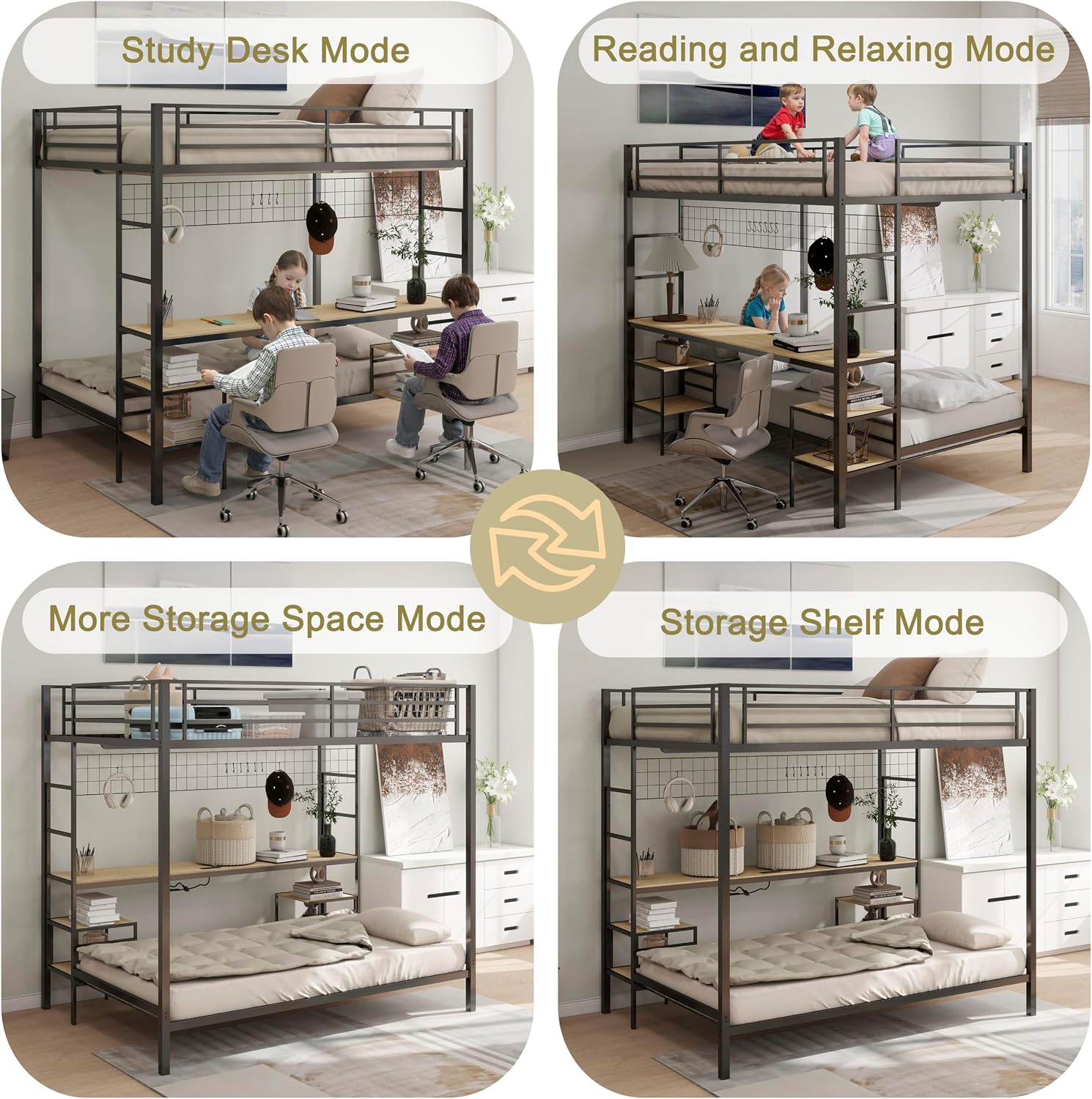 Bellemave Full Over Twin bunk Bed with Desk, loft Bed with Desk and Shelves, Full Over Twin Metal Bunk Beds with Charging Station, Black & Nature Oak