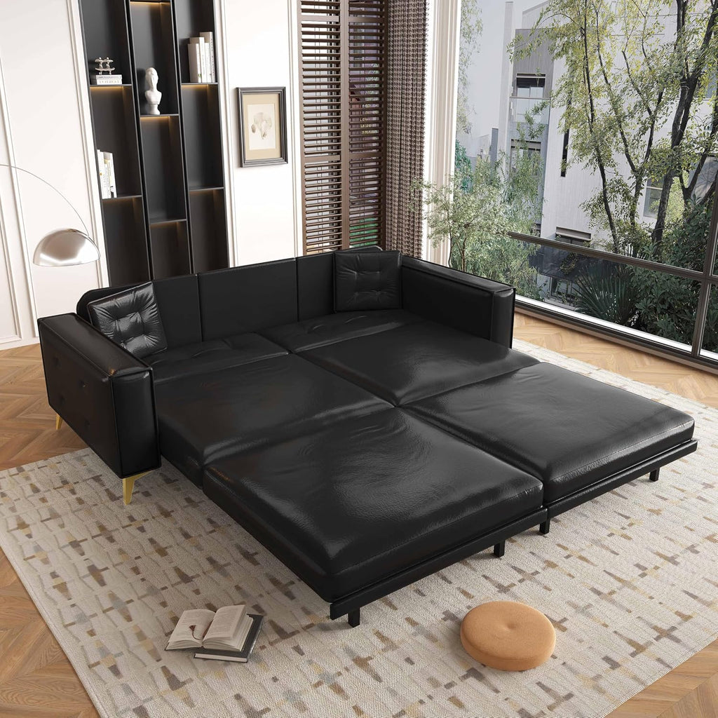 92.1'' King Pull out Sofa Bed, Convertible Futon Couch, 3-in-1 Faux Leather Sleeper Sofa with Tufted Back, 2 Pillows, Gold Legs, Deep Folding Loveseat Couches for Living Room, Apartment, Black
