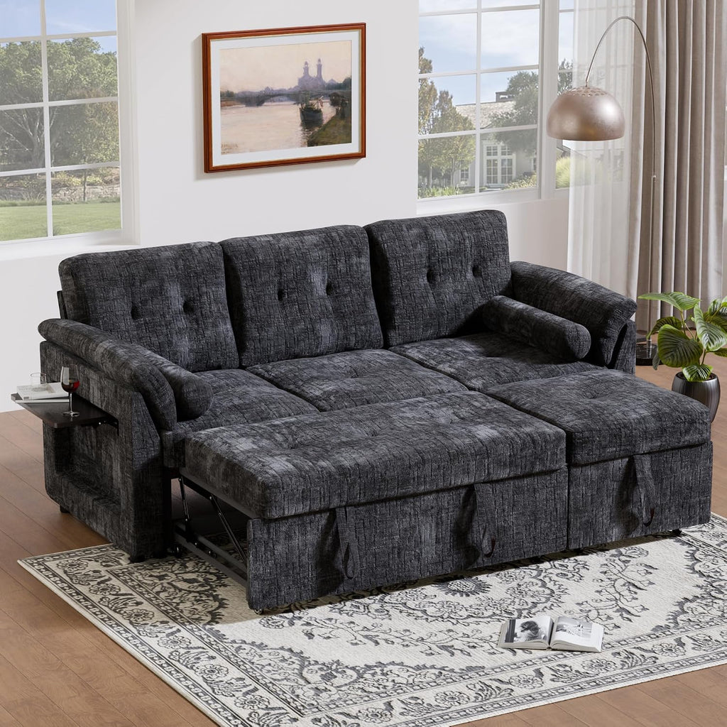 Convertible Sleeper Sofa Bed, 63 Inch Chenille Pull Out Couch with Side Table & Adjustable Backrest, Sectional Sleeper Sofa with Pull Out Bed for Living Room, Apartment, Black