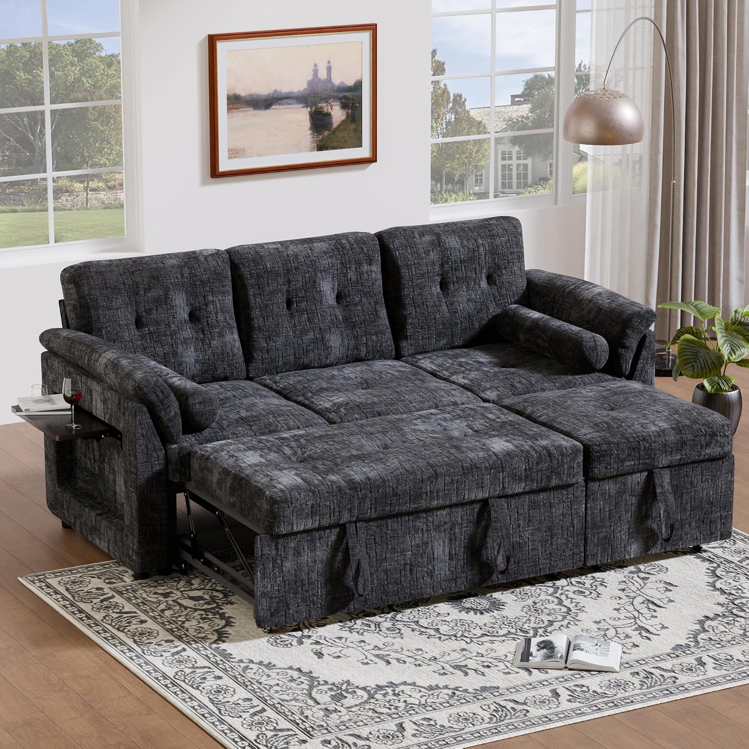 Convertible Sleeper Sofa Bed, 63 Inch Chenille Pull Out Couch with Side Table & Adjustable Backrest, Sectional Sleeper Sofa with Pull Out Bed for Living Room, Apartment, Black