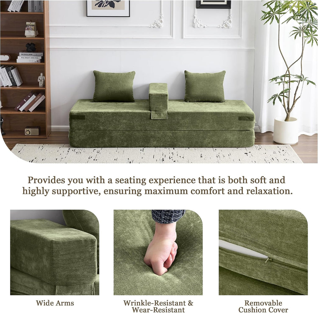 79' Convertible Folding Sofa Bed Queen, Sleeper Sofa Couch with Armrest and Pillows, Chenille Fold Out Floor Chaise Lounge, Comfy Foldable Futon Mattress For Living Room, Bedroom (Green 7.87')