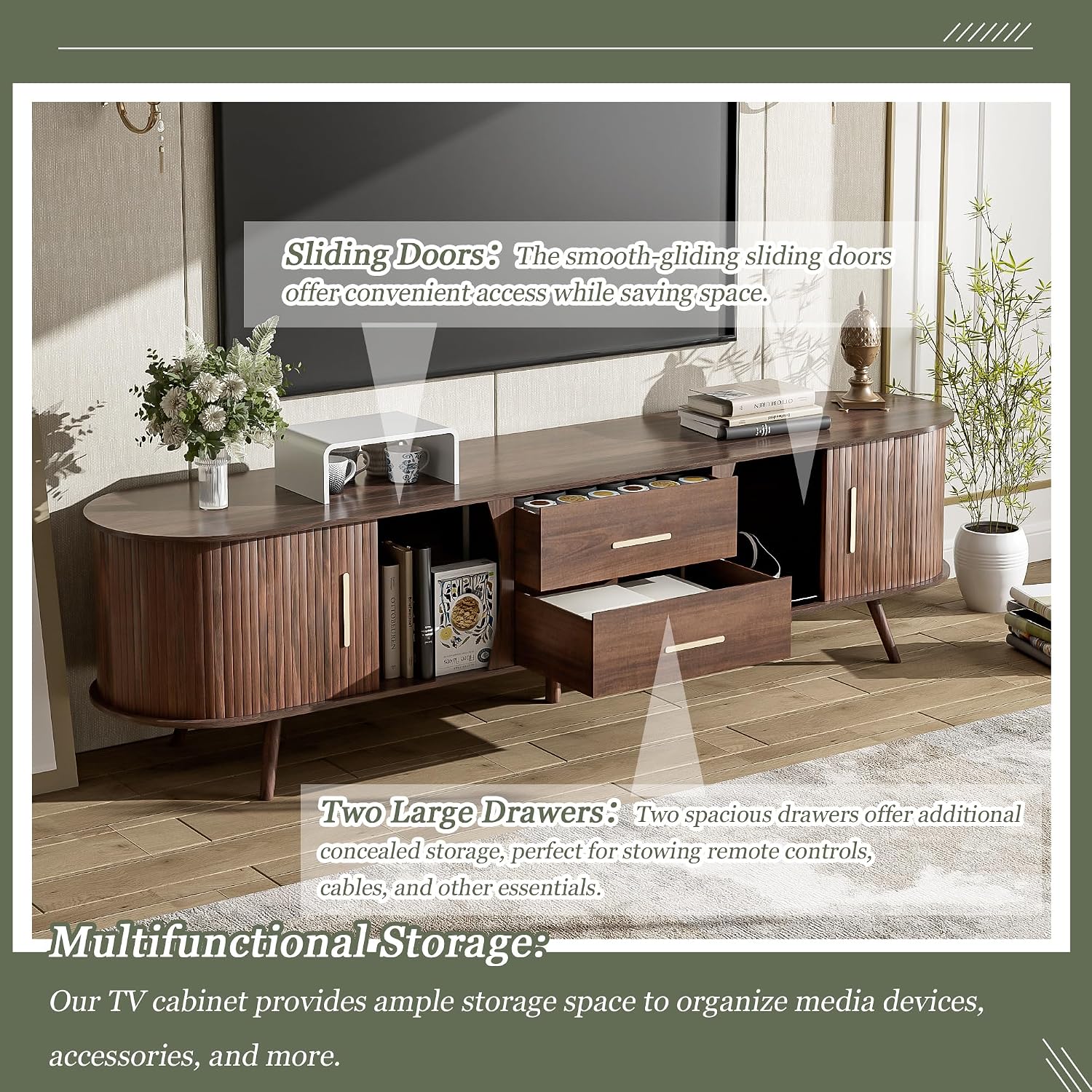 Merax 70' Fluted TV Stand for TVs Up to 80', Mid Century Entertainment Center with Sliding Tambour Doors and Drawers, Modern Curved Media Console with Storage for Living Room, Walnut