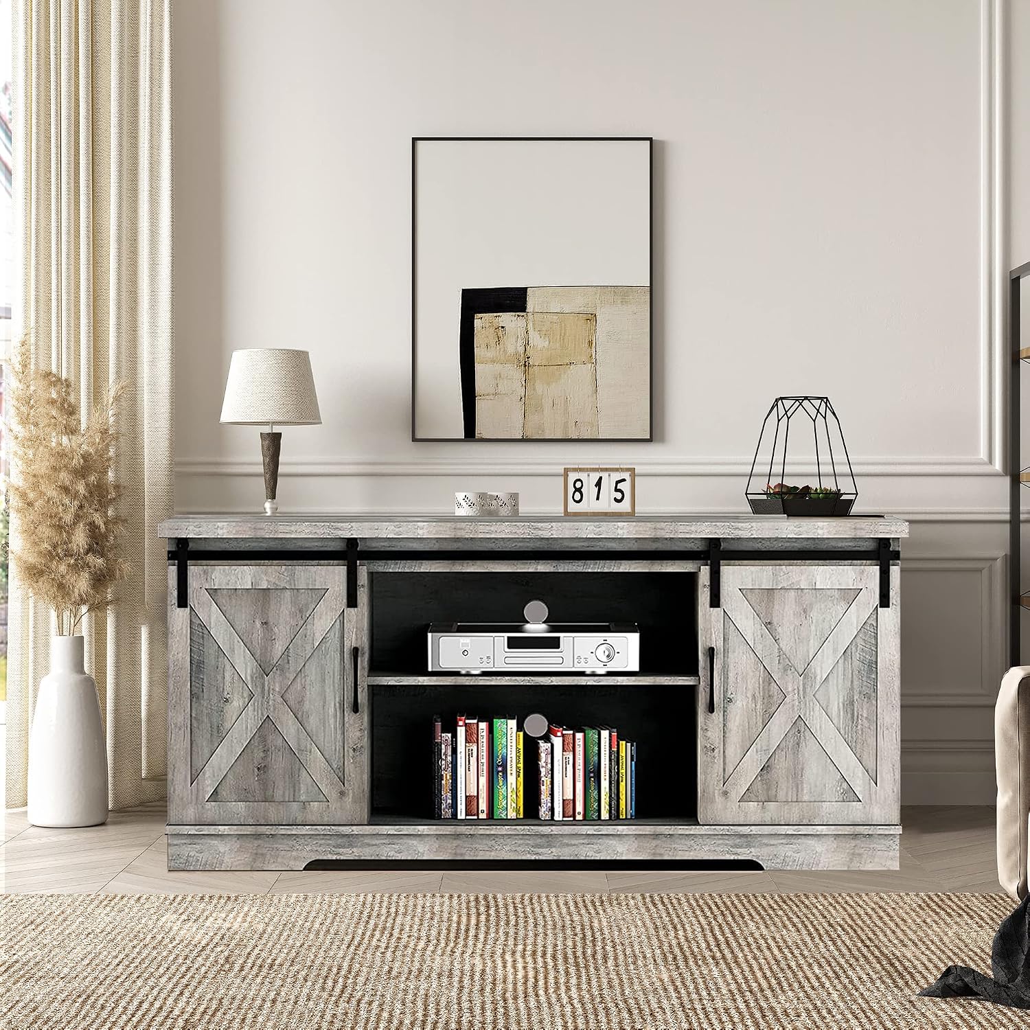 IDEALHOUSE TV Stand Farmhouse Entertainment Center for 65 Inch TV Media Console Cabinet, Gray Barn Doors TV Stand with Storage and Shelves, Modern TV Console Table Furniture (Gray)
