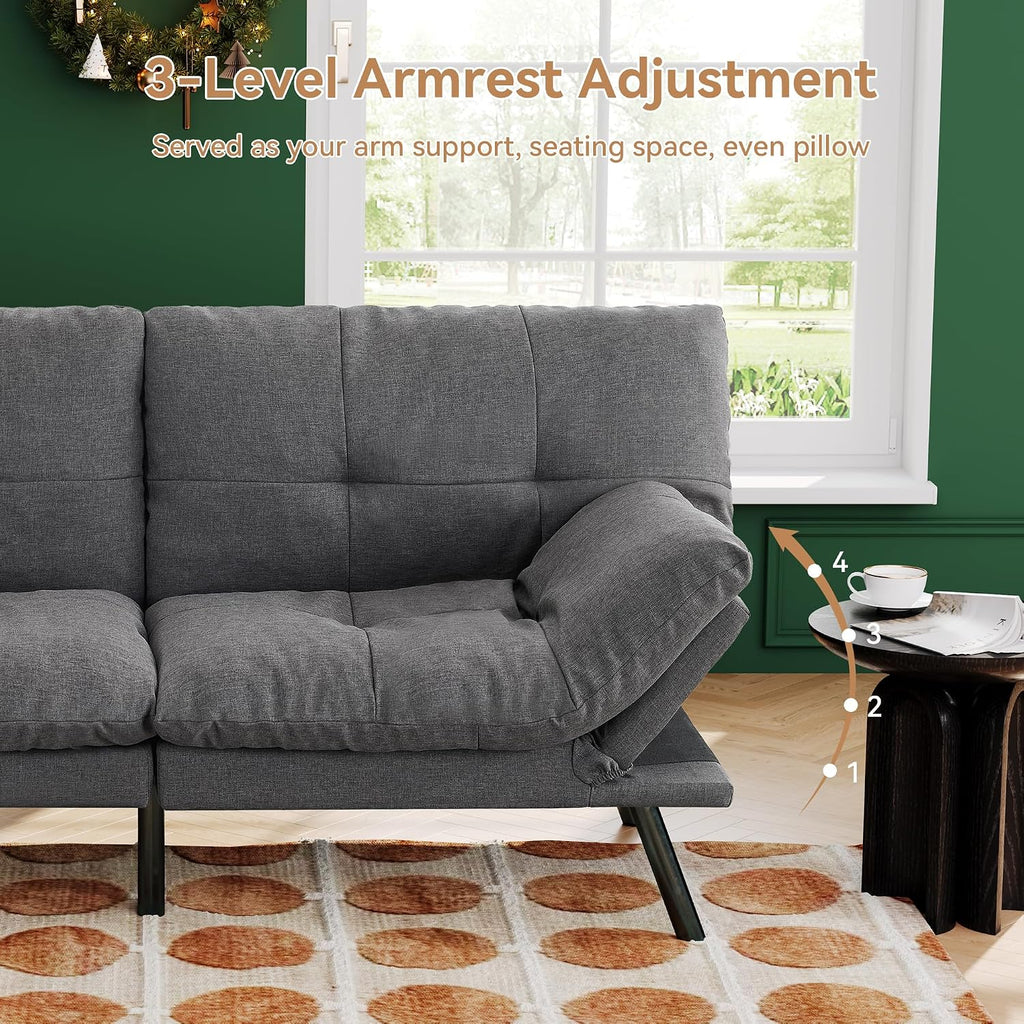 Convertible Futon Sofa Bed,71' Modern Fabric Futon Couch with Adjustable Backrest&Armrest,Small Loveseat Sleeper Sofa,Dorm Futonsofa for Apartment,Living Room,Detachable Cushions,Fog Grey