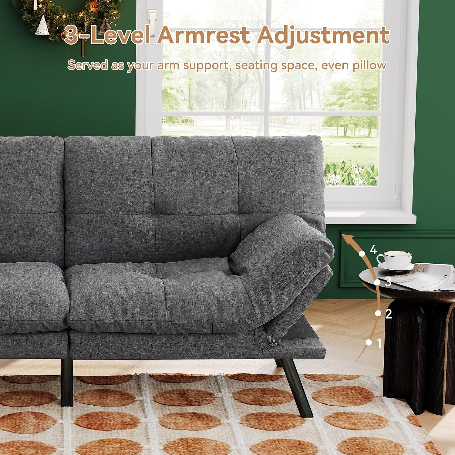 Convertible Futon Sofa Bed,71' Modern Fabric Futon Couch with Adjustable Backrest&Armrest,Small Loveseat Sleeper Sofa,Dorm Futonsofa for Apartment,Living Room,Detachable Cushions,Fog Grey