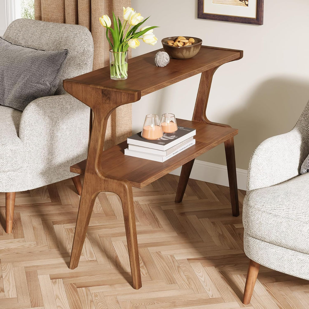 Tribesigns Set of 2 Solid Wood End Table, Rustic Side Table for Couch, 2-Tier Farmhouse Tall End Table, Narrow Bedside Table for Bedroom, Living Room, Easy Assembly, Rustic Brown