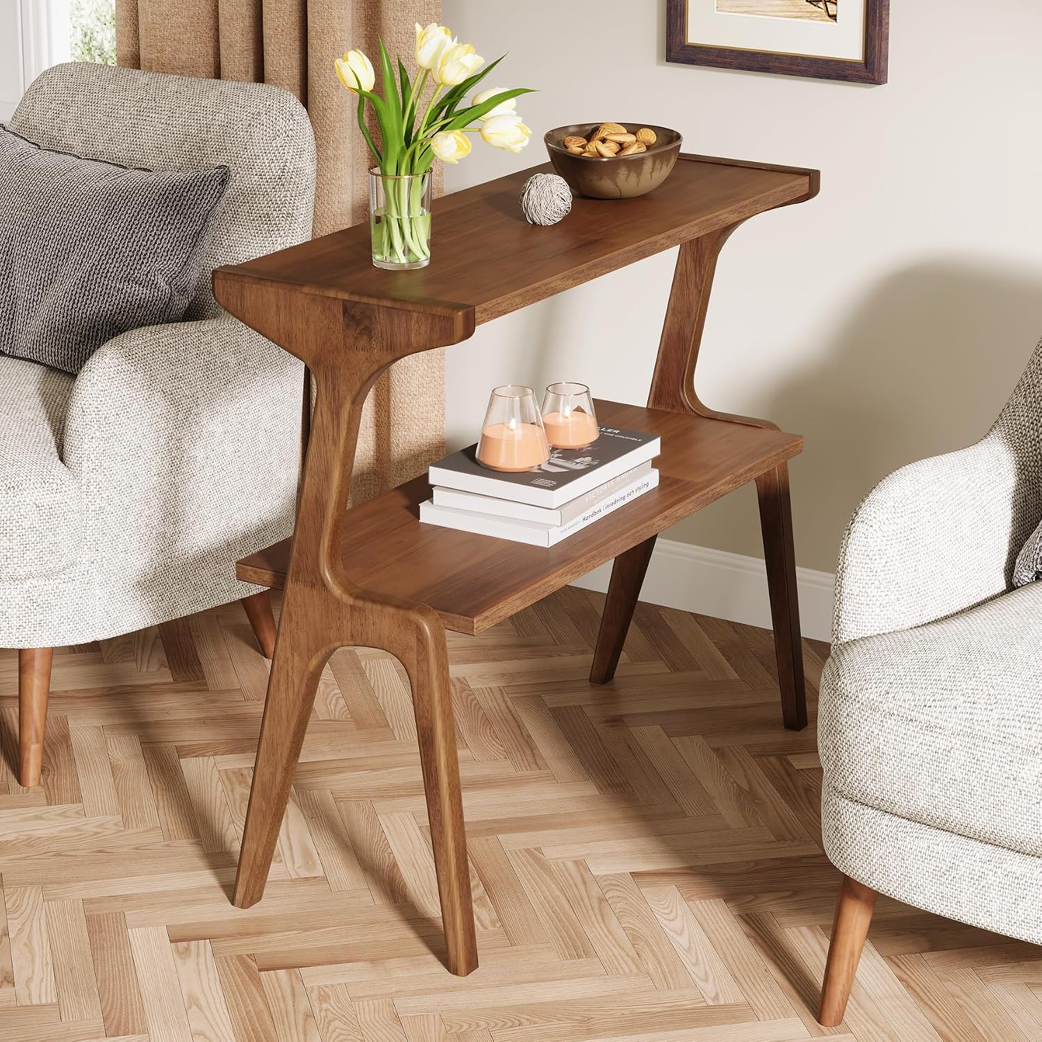 Tribesigns Set of 2 Solid Wood End Table, Rustic Side Table for Couch, 2-Tier Farmhouse Tall End Table, Narrow Bedside Table for Bedroom, Living Room, Easy Assembly, Rustic Brown