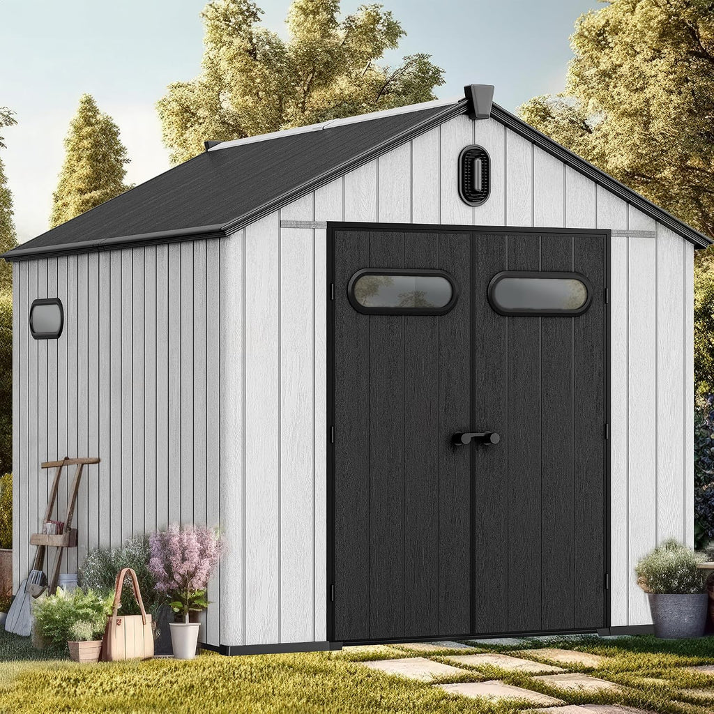 YITAHOME 8x10ft Outdoor Plastic Storage Shed with Floor, Extra Thick Waterproof Garden Shed with Lockable Door, Oval Vision Windows &Vents, 16mm Heavy Duty Tool Storage for Patio, Lawn, Bikes, Gray
