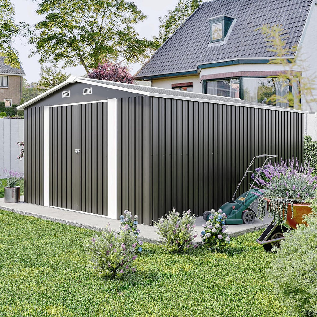 10x14 FT Outdoor Metal Storage Shed with Lockable Door, Steel Garden Utility Shed with Vents, Backyard Patio Tool Shed for Lawn Equipment, Bike, Firewood and Mower Storage, Gray
