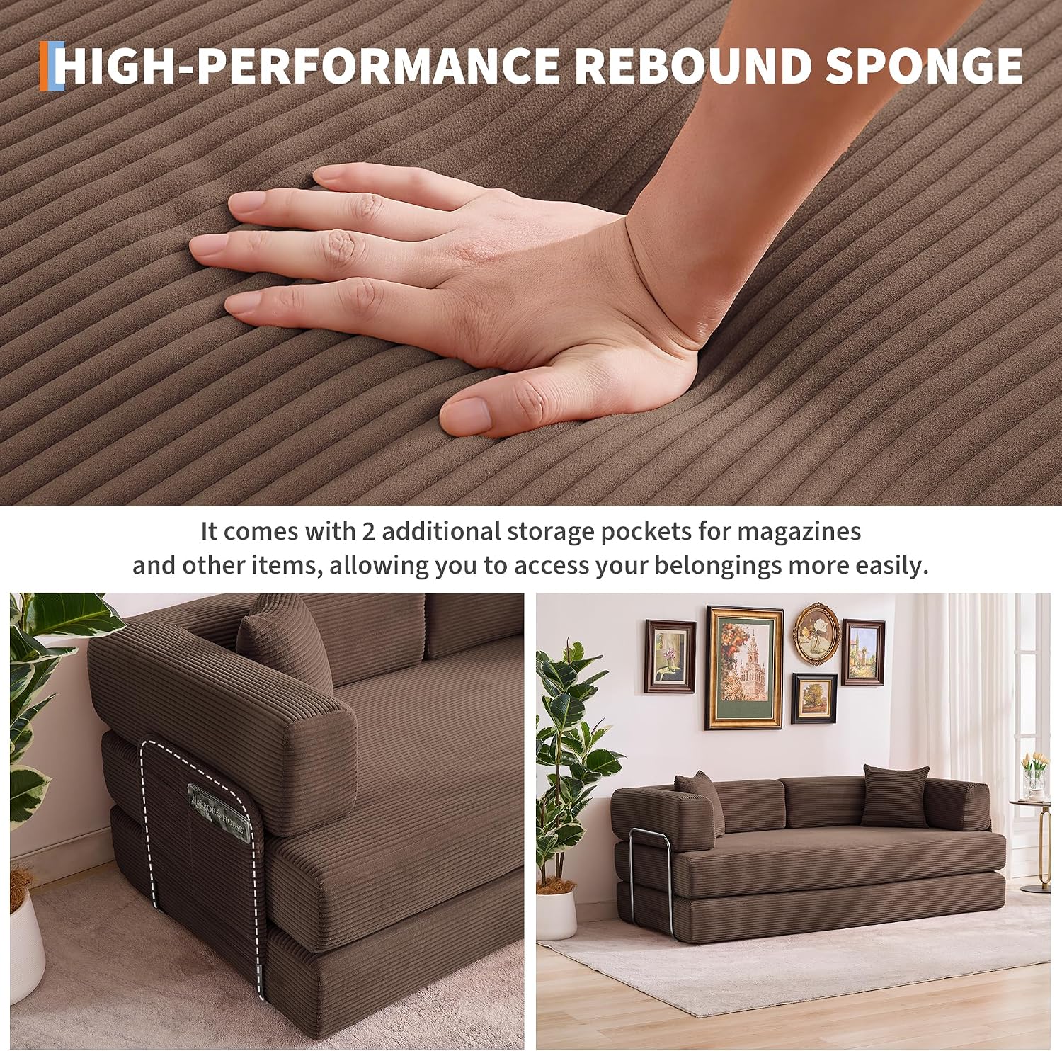 Garvee 5-in-1 Convertible Sofa Bed, 78.8' Modular Corduroy Sleeper with Sturdy Frame & No Assembly, Multi-Functional Futon for Small Space, Living Room & Guest Room (Brown)
