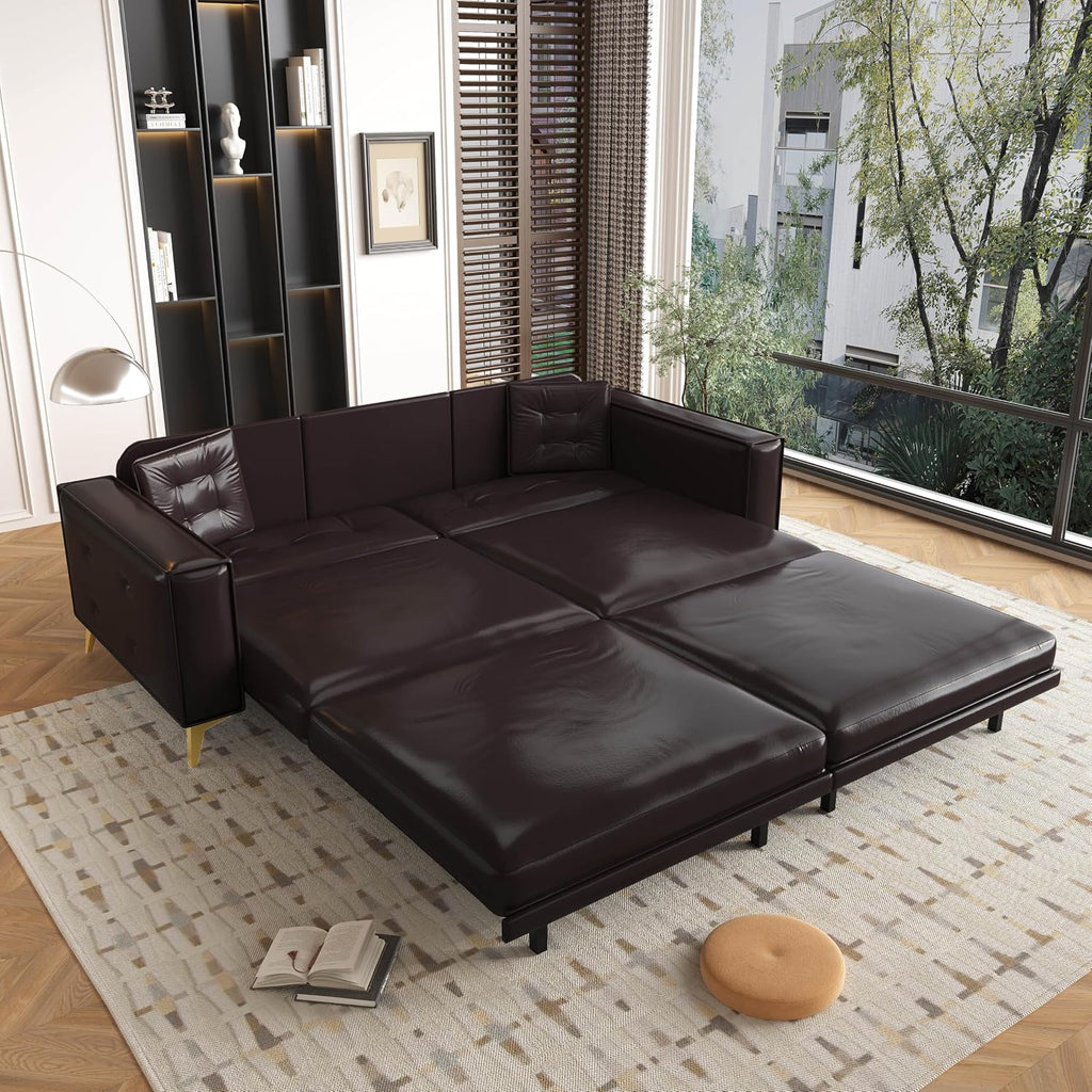92.1'' King Pull Out Sofa Bed, Convertible Futon Couch, 3-in-1 Faux Leather Sleeper Sofa with Tufted Back, 2 Pillows, Gold Legs, Deep Folding Loveseat for Living Room, Apartment, Dark Brown