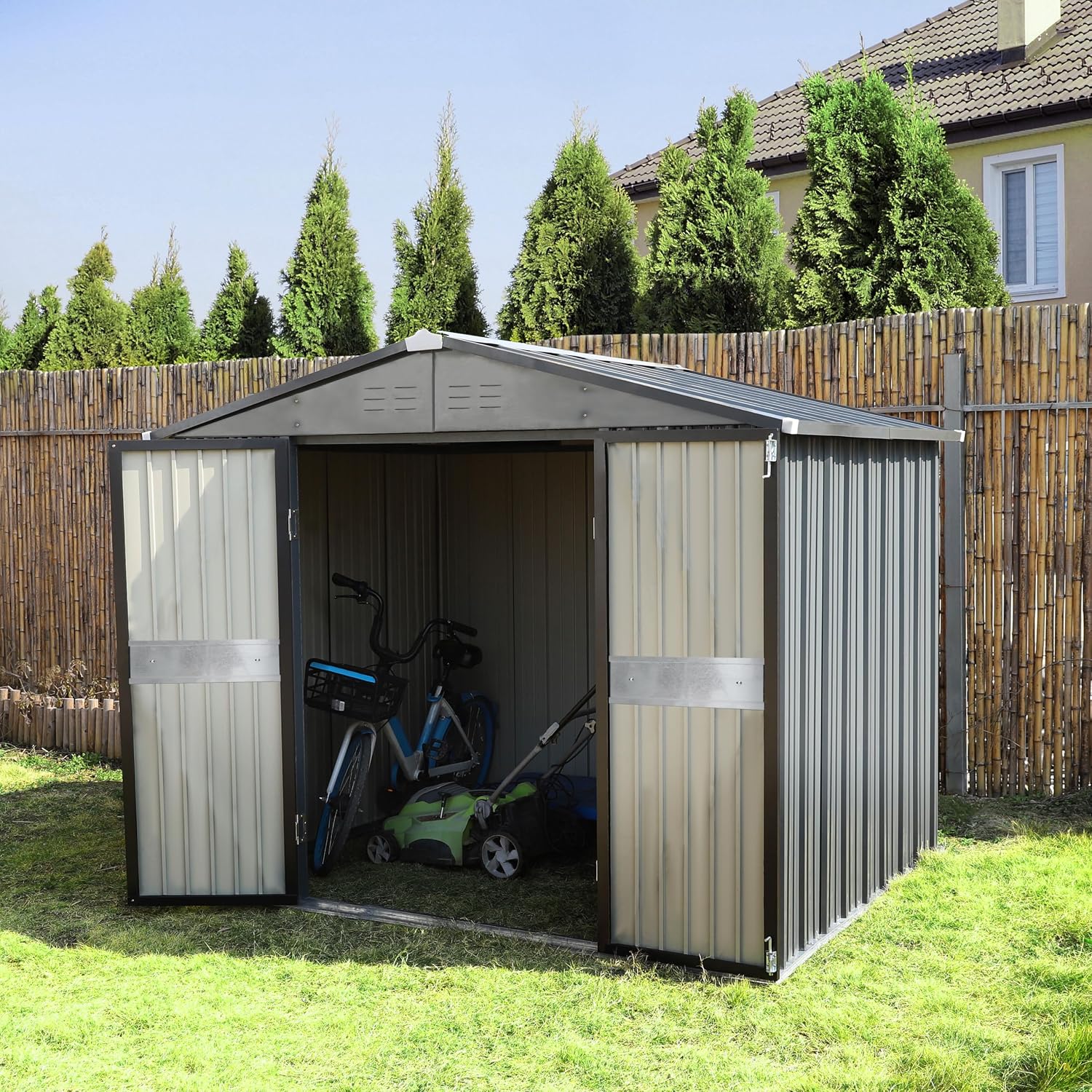 Yardenaler 10x12 FT Metal Storage Shed for Outdoors, Garden Tool Shed Kit with Doors and Lock, Waterproof Patio Utility Tool Shed for Backyard and Garden, Gray