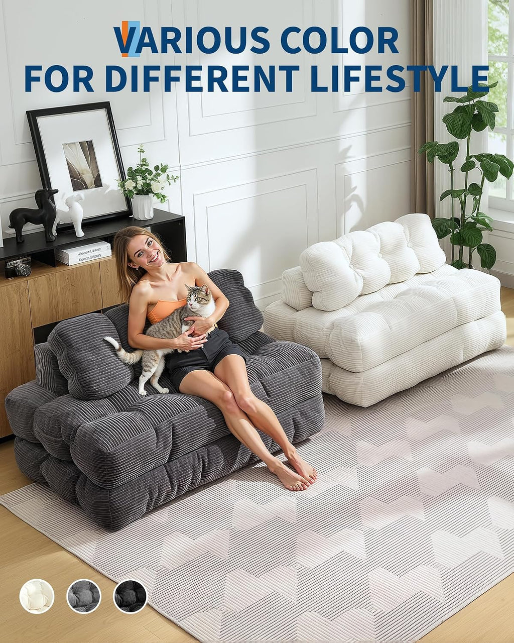 Folding Sofa Bed, 3-in-1 Convertible Sleeper Chair with Pillow, Double Futon Couch Bed with Back Support, Portable Fold Out Chair Bed Comfy Floor Sofa Lounge for Living Room Bedroom, Beige