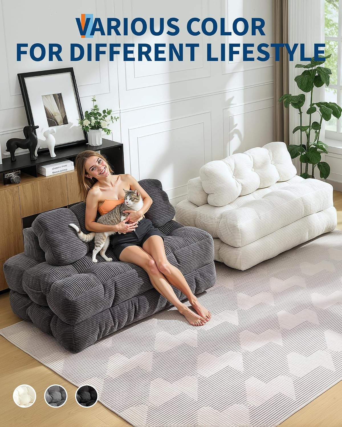 Folding Sofa Bed, 3-in-1 Convertible Sleeper Chair with Pillow, Double Futon Couch Bed with Back Support, Portable Fold Out Chair Bed Comfy Floor Sofa Lounge for Living Room Bedroom, Beige