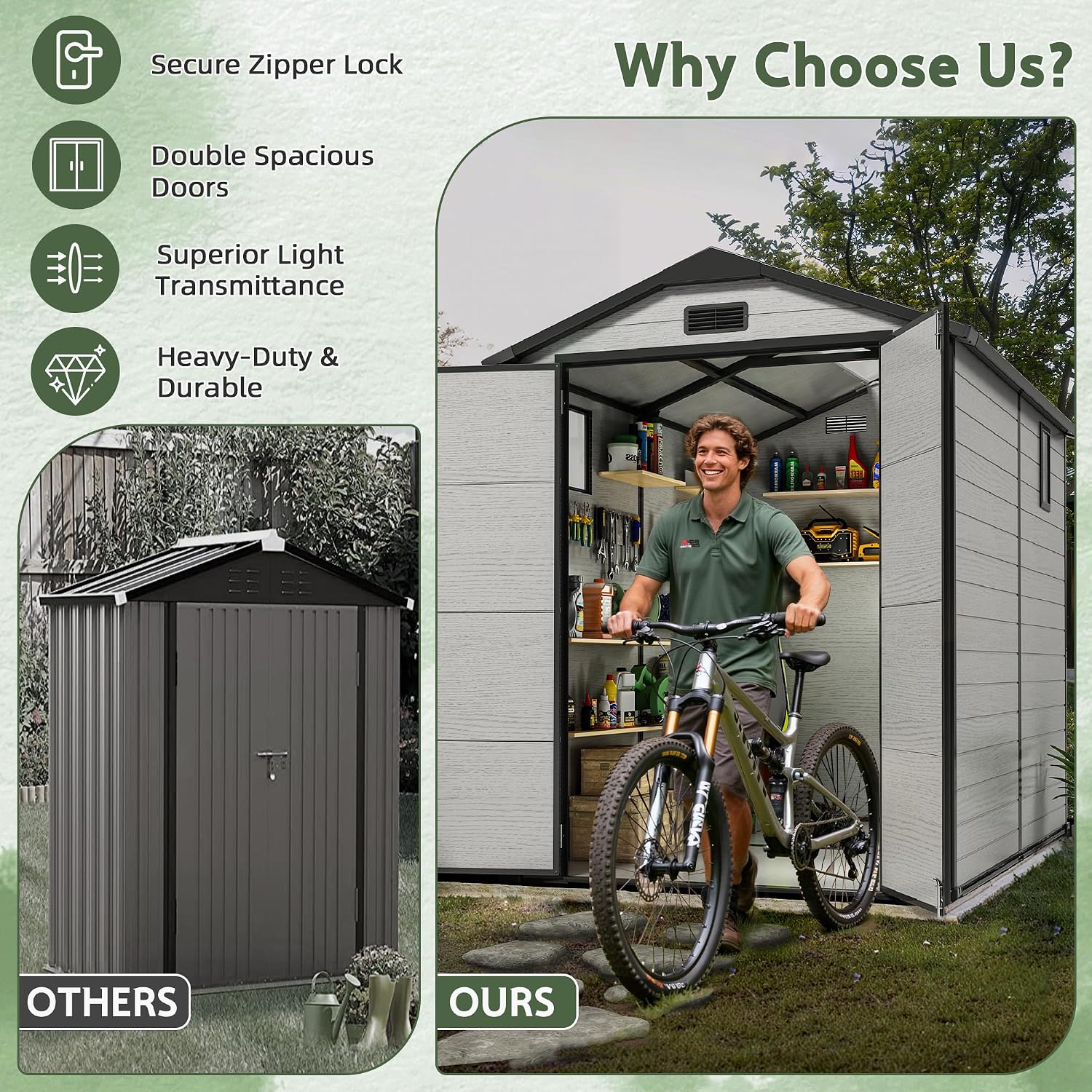 6X8 FT Plastic Outdoor Storage Shed, Double Door Tool Shed with Vent, Lockable Door with Key, Storing Patio Furniture, Gardening Tools, and Bicycle Accessories