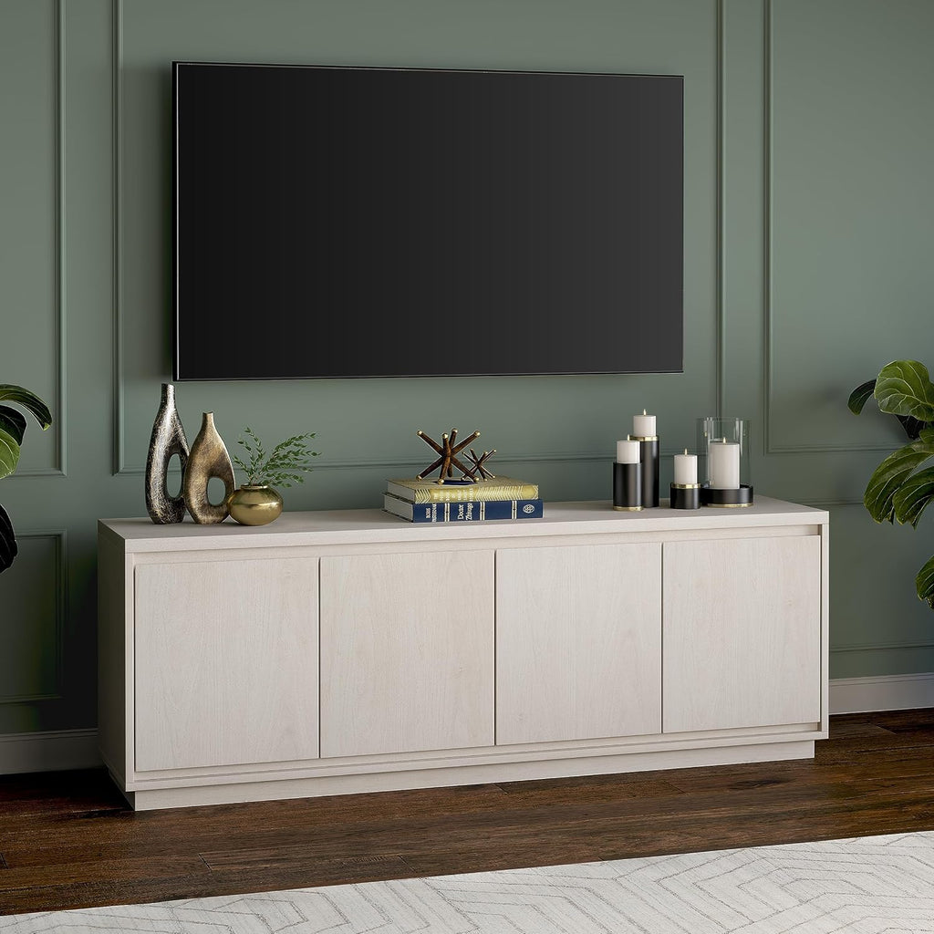 Henn&Hart TV Stand for TVs up to 75'' with 2 Concealed Storage Cabinets and Adjustable Shelves for Living Room, Family Room, or Office, Alder White