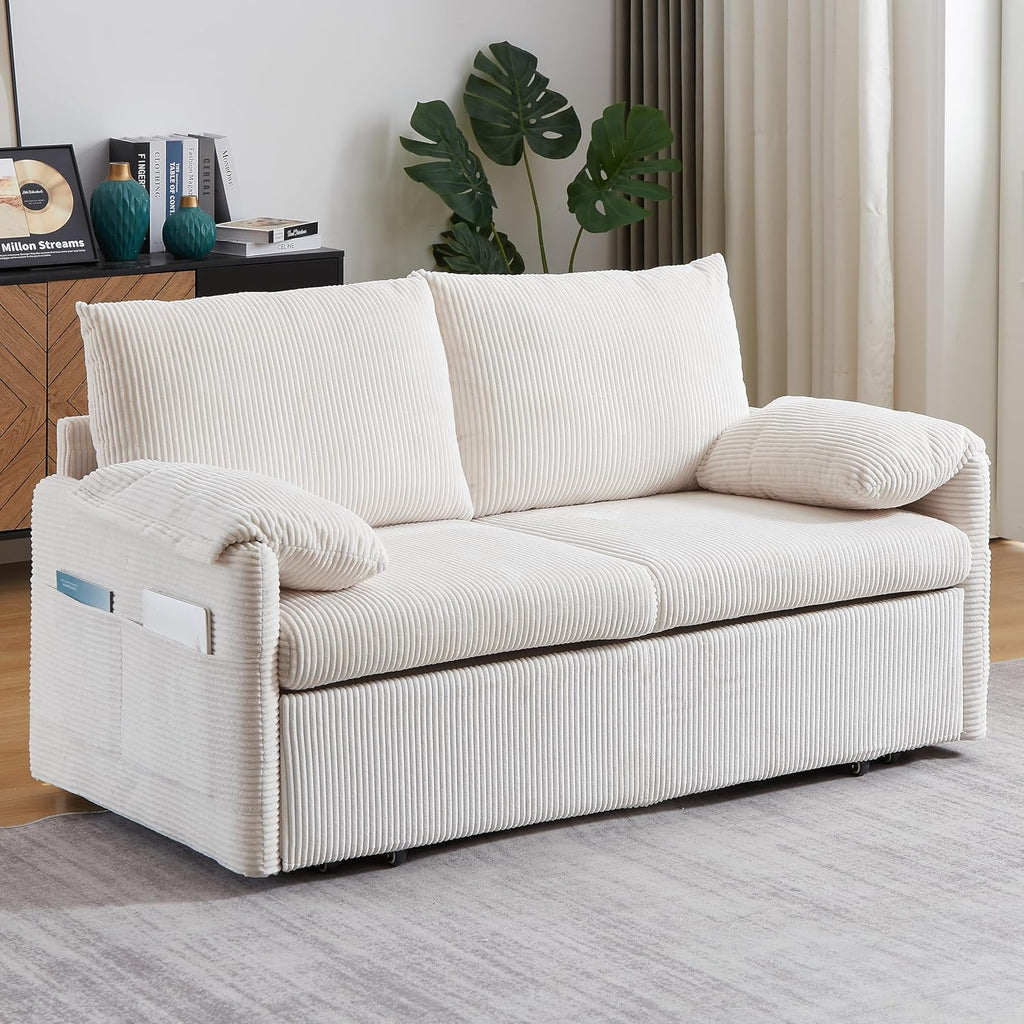 Eafurn 3 in 1 Convertible Pull Out Sleeper Sofa Couch Bed Queen Size, Corduroy Pullout Lounge Loveseat RV Sofa&Couches Sofabed with Soft Pillows Armrest,Side Pockers for Living Room Apartment