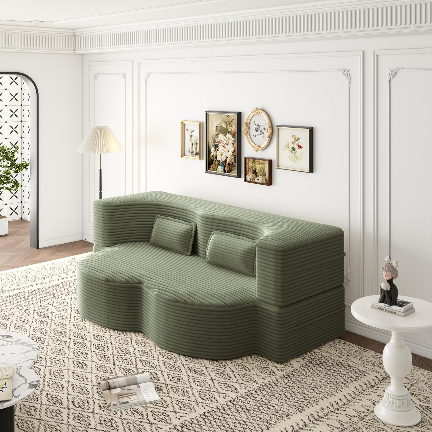 78' Futon Sofa Bed, 2-in-1 Foldable Floor Sleeper Sofa, Convertible Corduroy Curved Loveseat with 2 Pillows, Full Mattress Bed, Upholstered Boneless Couches for Living Room, Apartment, Green