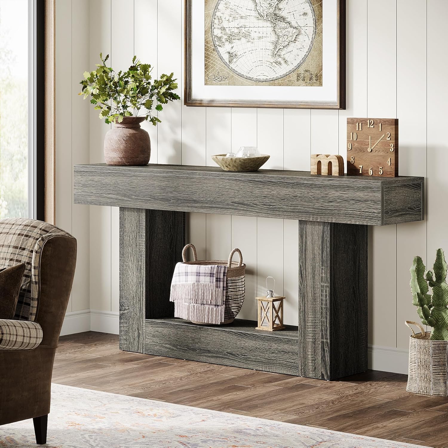 Tribesigns 63' Console Table, Farmhouse 2-Tier Entryway Table with U-Shaped Base, Narrow Long Wood Sofa Table Behind Couch Table for Living Room, Hallway, Foyer, Gray