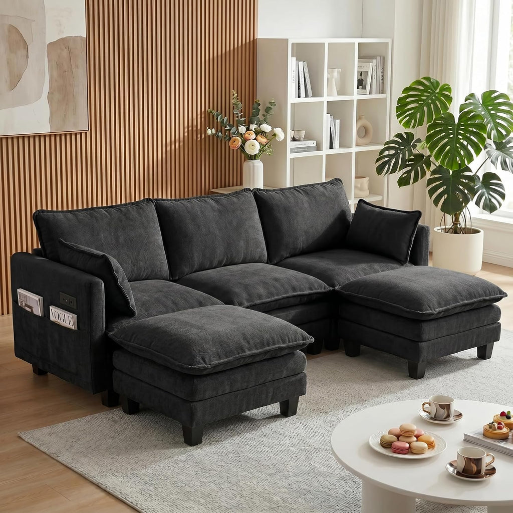 Eafurn Modular Sectional Sofa with Movable Ottomans for Living Room, 4 Seater Convertible U Shaped Sectional Couch Modern Reversible Chenille Sofa Set w/USB Ports and Side Pockets