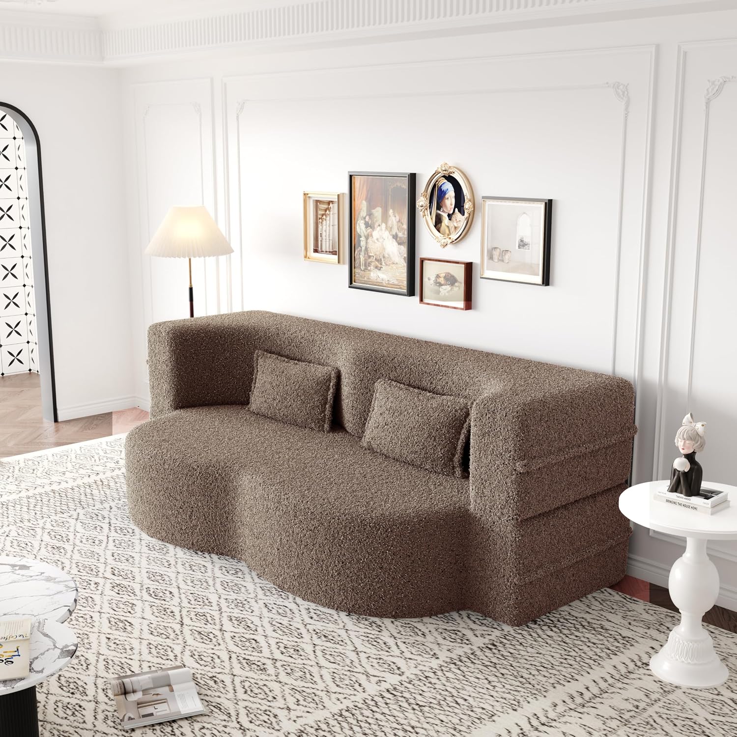 2-in-1 Folding Convertible Sofa Bed,78 Inch Convertible Boneless Couch with Pilow Foldable Matress, Teddy Loveseat Sleeper Pull Out Bed Floor Sofa Modular Futon Couch (Teddy, Brown)