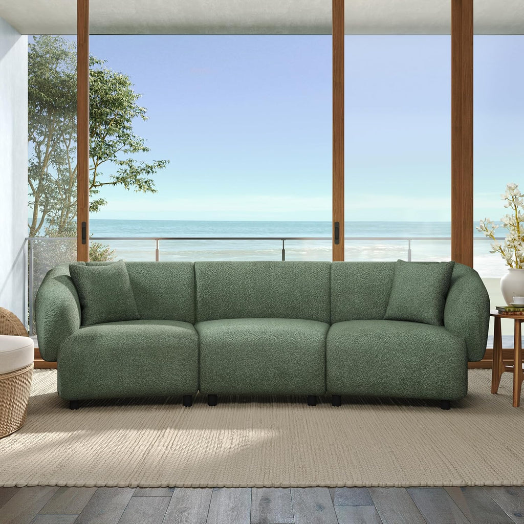 Christopher Knight Home Obito Boucle Upholstered 3-Seater Sofa, Modern Home Sofa Living Room, Wooden Large Upholstered Sofa Couch for Apartment/Home Office, Olive Green