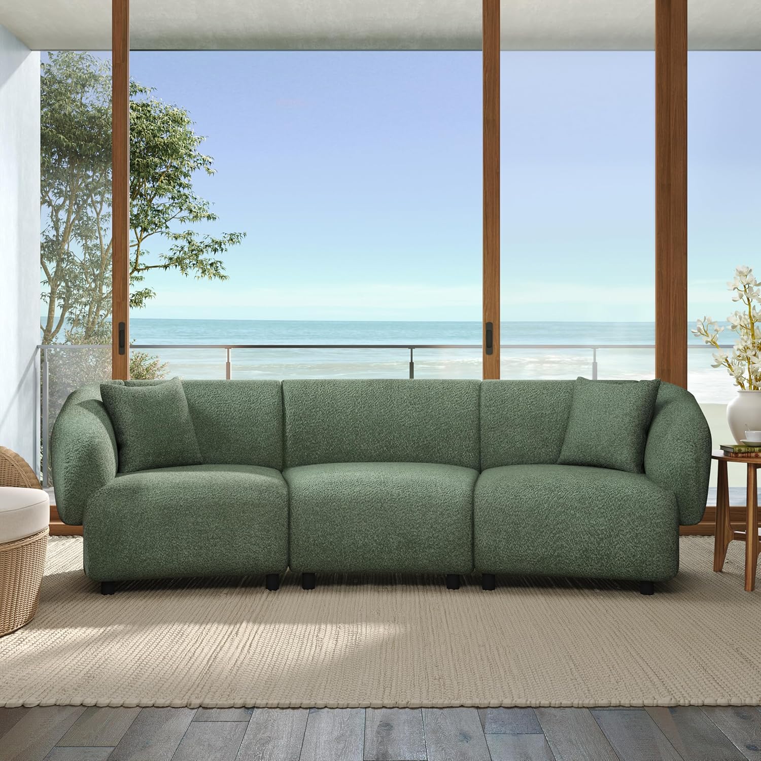 Christopher Knight Home Obito Boucle Upholstered 3-Seater Sofa, Modern Home Sofa Living Room, Wooden Large Upholstered Sofa Couch for Apartment/Home Office, Olive Green