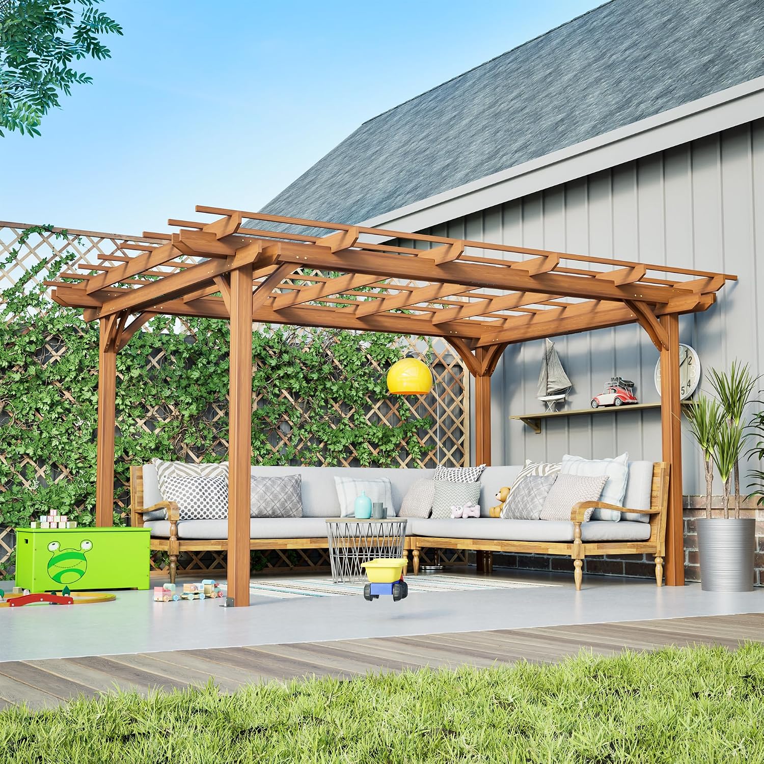 Wood Pergola Gazebo for Climbing Plants - Free Standing Outdoor Garden Structure with Waterproof Solid Fir, Windproof Level 6 & 200lb Snow Load - Backyard, Patio, Poolside Brown (12 x 10 FT)