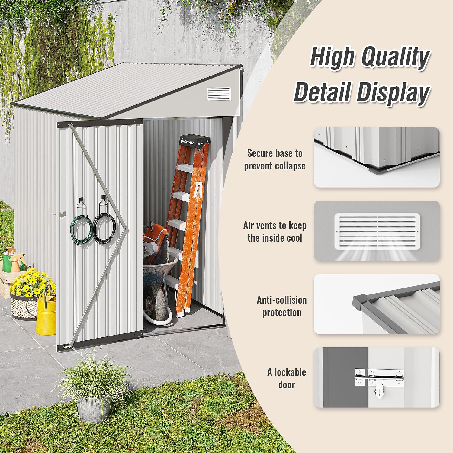 YOPTO 4x8 FT Outdoor Metal Storage Shed,Waterproof Lean to Tool Sheds,Heavy-Duty Unit with Single Hinge Side Door and Ventilation Windows,Weather Resistant,for Backyard,Patio,Lawn,White