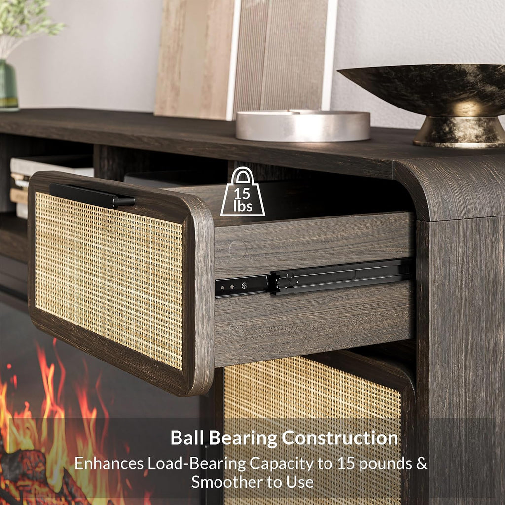 BELLEZE 68' TV Stand for TV Up to 75',Boho Entertainment Center with 36' Electric Fireplace Heater with Sound, Rattan Decorated Console Table Storage Cabinet for Living Room, Bedroom - (Brown)