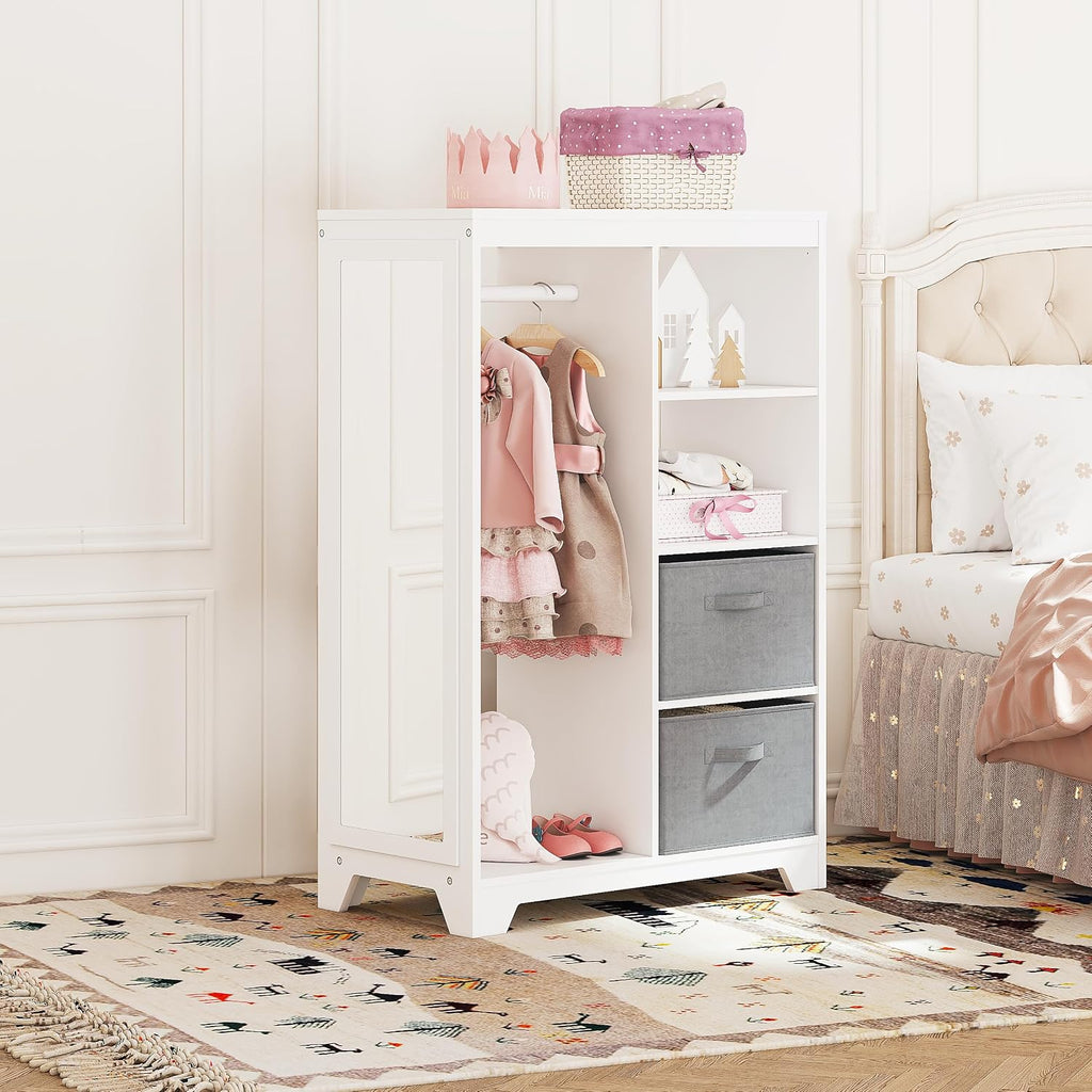 UTEX Kids Dress Up Storage with Full Length Mirror, Kids Armoire with 2 Storage Bins, Opening Hanging Costume Closet Wardrobe, Pretend Storage Closet Armoire Dresser