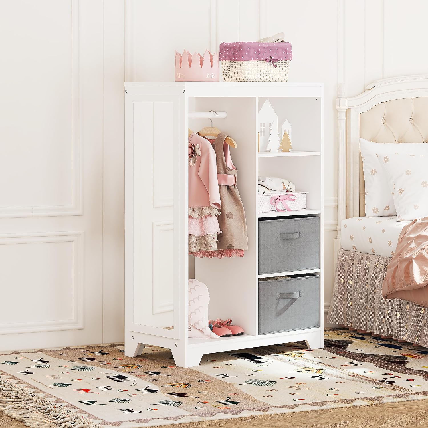 UTEX Kids Dress Up Storage with Full Length Mirror, Kids Armoire with 2 Storage Bins, Opening Hanging Costume Closet Wardrobe, Pretend Storage Closet Armoire Dresser