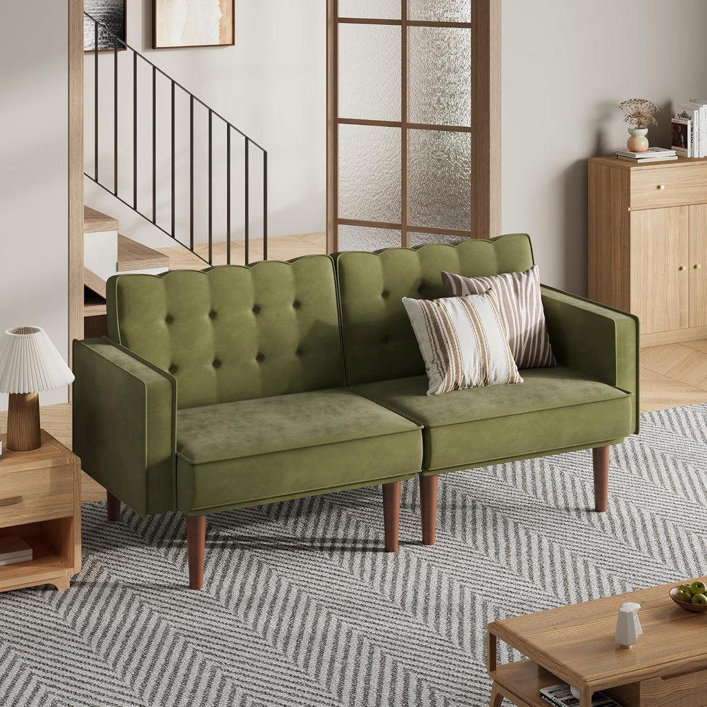 Furnify 71' Velvet Futon Sofa Bed, Versatile Loveseat Couch, Sleeper Sofa with Adjustable Backrest, Mid Century Modern Futon Couch for Small Space, Living Room, Office & Apartment, Velvet Fabric Green