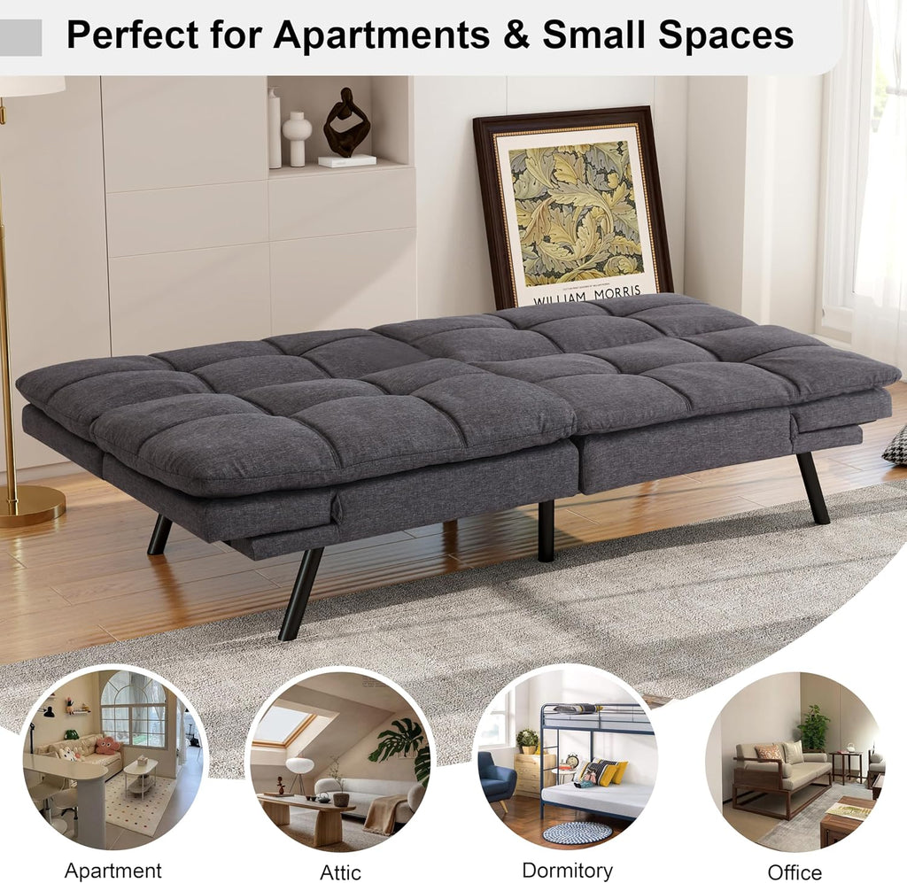MUUEGM Futon Sofa Bed, 71' Comfortable Memory Foam Futon Sofa with Adjustable Backrest & Armrests, Convertible Loveseat Recliner Sleeper Sofa Bed for Compact Living Room, Apartment, Office, Grey