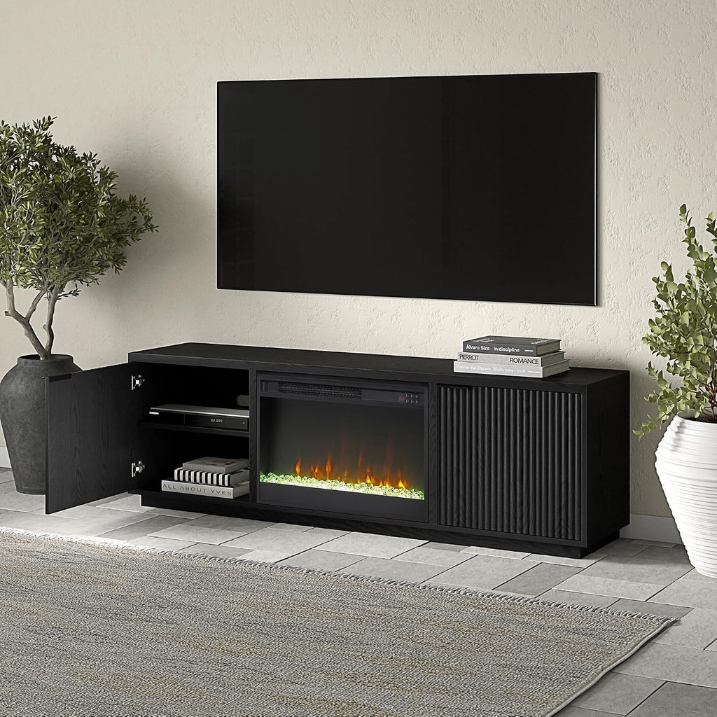 Henn&Hart Rectangular TV Stand with 26' Crystal Fireplace for TV's up to 78' in Black Grain, for Home, Living Room, Bedroom, Entertainment Room, Office